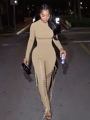 Sexy Fall Jumpsuits Women Diy Shirring O-Neck Full Sleeve Midnight Party Club Stretch Activity Fitness Slim Overalls - Dazzling Beauty Solution