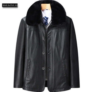 Men’s Winter Velvet PU Leather Jacket Padded Warm Coat with faux fur collar and button style.