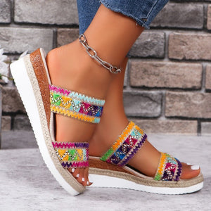 Fashion Wavy Pattern Woven Sandals Summer Casual Ethnic Style Slippers Linen Bottom Wide Strap Wedges Shoes For Women - Dazzling Beauty Solution