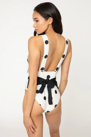 Marina West Polka Dot One-Piece Swimsuit â Beachy Keen Tied Plunge - Dazzling Beauty Solution