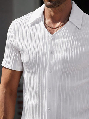 Manfinity Casualcool Men'S Solid Color Short Sleeve Single-Breasted Shirt and Pants Casual Suit White Men'S Outfit Men'S White Outfits Men'S 2 Pieces Outfits White