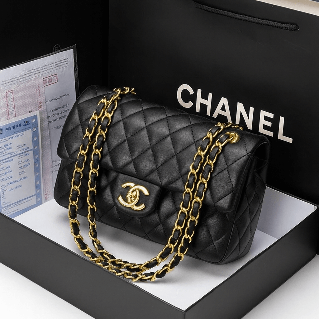 Chanel diamond chain shoulder bag presented in a black box with a signature Chanel logo and diamond chain detail.