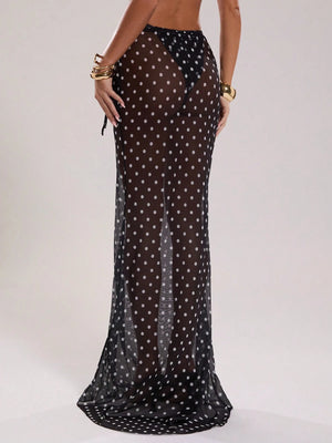 BAE Women'S New Arrival Black & White Polka Dot Low Waist Drawstring Resort Swimwear, Elegant & Sexy Cover Up, the Seduction of Dark Romance