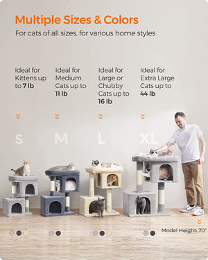 Cat Tree, 33.1-Inch Cat Tower, L, Cat Condo for Large Cats up to 16 Lb, Large Cat Perch, 2 Cat Caves, Scratching Post, Light Gray UPCT61W
