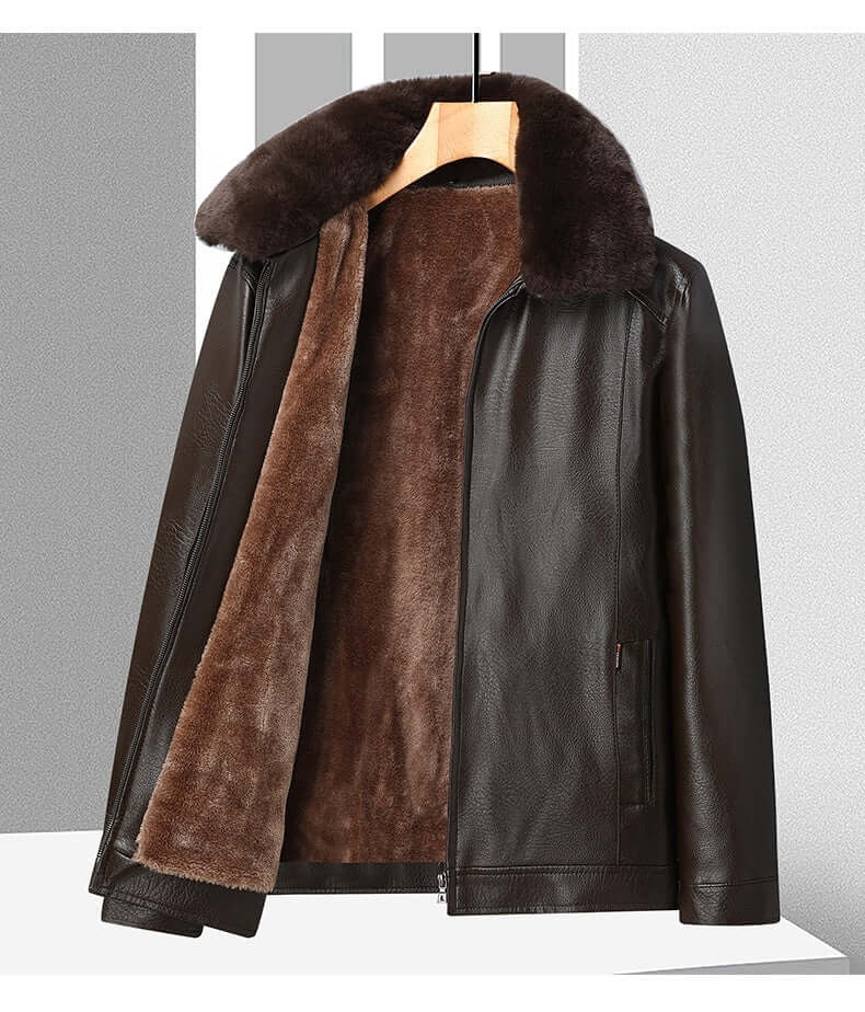 Men’s Winter Velvet PU Leather Jacket  Padded Warm Coat
