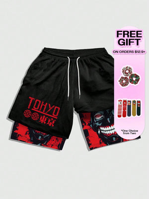 ROMWE MEN Anime Men'S Simple Figure Graphic Drawstring Waist Basketball Shorts, School