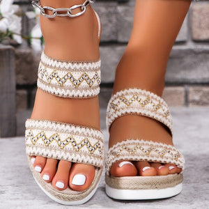 Fashion Wavy Pattern Woven Sandals Summer Casual Ethnic Style Slippers Linen Bottom Wide Strap Wedges Shoes For Women - Dazzling Beauty Solution