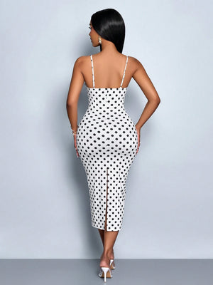 SOLERSUN Spring and Summer Elegant Commuting Retro Sexy Business Old-Money Style Casual Sleeveless V-Neck Valentine'S Day Wedding Season Party Holiday Music Festival Black Sexy Lace Suspender Waist Gathered Slimming Extreme Waist-To-Hip Ratio Short-Sleeved Hip-Covering White Polka Dot Mid-Length Dress for Women