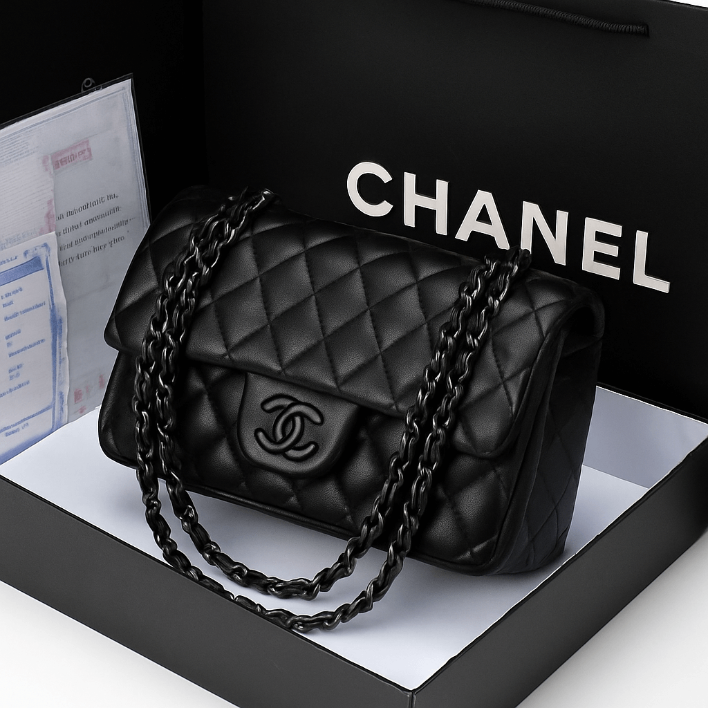 Chanel diamond chain shoulder bag in black, showcasing its iconic quilted design and signature chain detail.