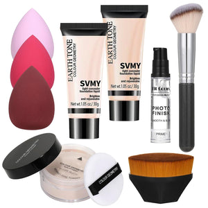 Foundation Kit Full Coverage Foundation Primer Powder Makeup Set Kabuki Makeup Brushes Foundation Brush Powder Brush 3 Pcs Makeup Sponge