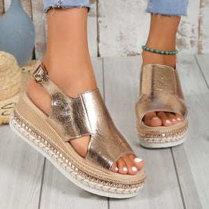 Summer Shiny Sandals Hollow Design Fish Mouth Sandal For Women Fashion Buckle Wedges Shoes - Dazzling Beauty Solution