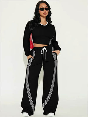 Stylish Contrast Stripe 2-Piece Women's Set: O-Neck Full Sleeve Crop Top & Drawstring Long Pants for Casual Sports Vibes! - Dazzling Beauty Solution