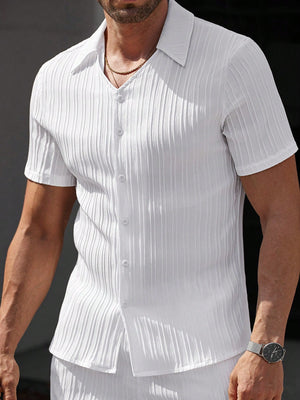 Manfinity Casualcool Men'S Solid Color Short Sleeve Single-Breasted Shirt and Pants Casual Suit White Men'S Outfit Men'S White Outfits Men'S 2 Pieces Outfits White