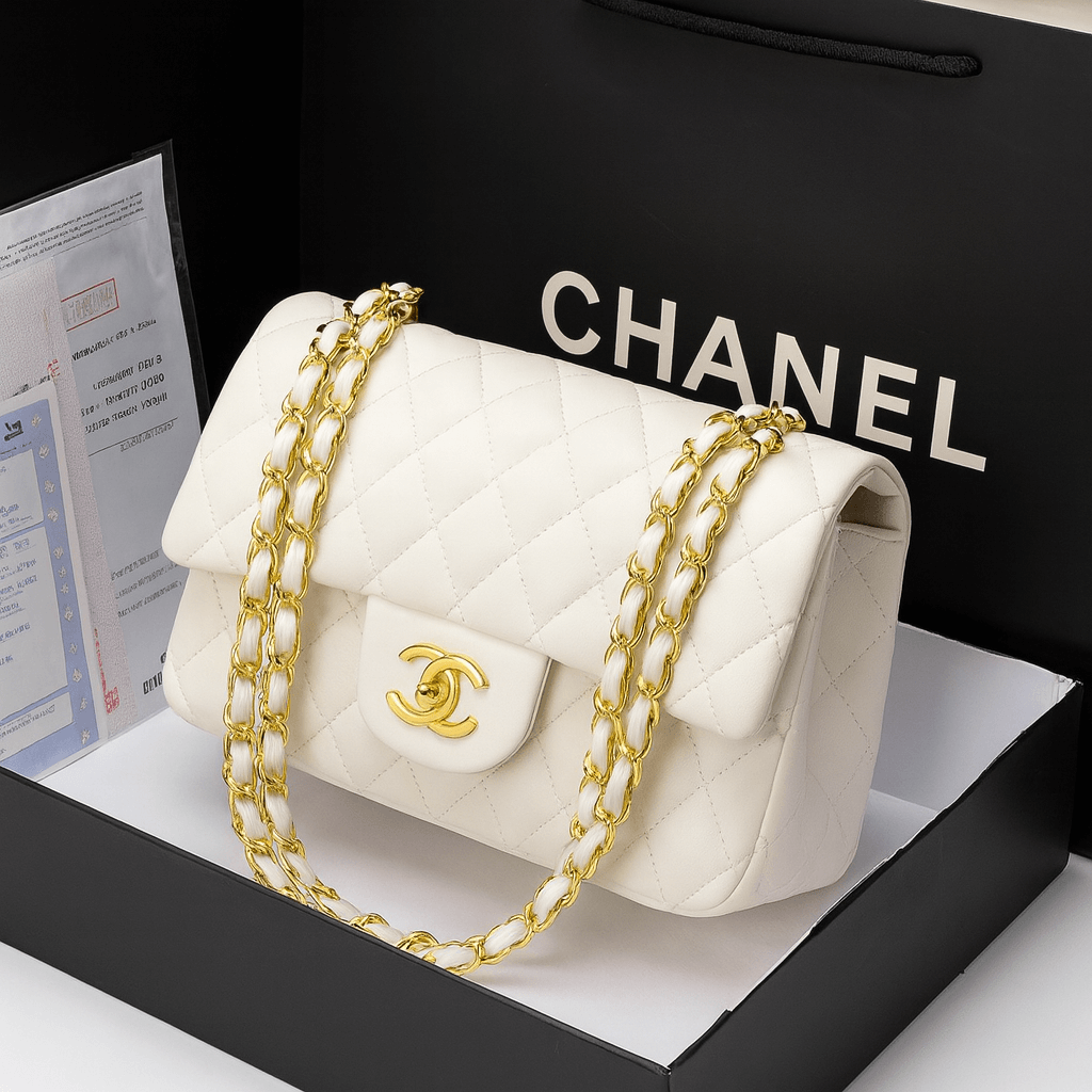 Chanel diamond chain shoulder bag displayed elegantly in a box with the Chanel logo.