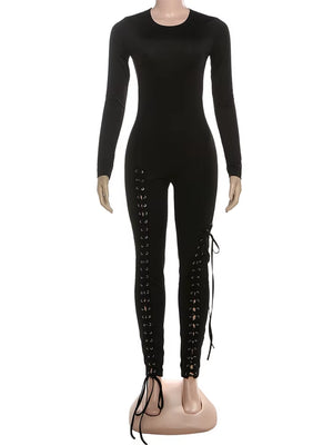 Sexy Fall Jumpsuits Women Diy Shirring O-Neck Full Sleeve Midnight Party Club Stretch Activity Fitness Slim Overalls