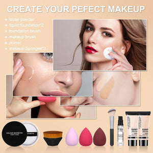 Foundation Kit Full Coverage Foundation Primer Powder Makeup Set Kabuki Makeup Brushes Foundation Brush Powder Brush 3 Pcs Makeup Sponge