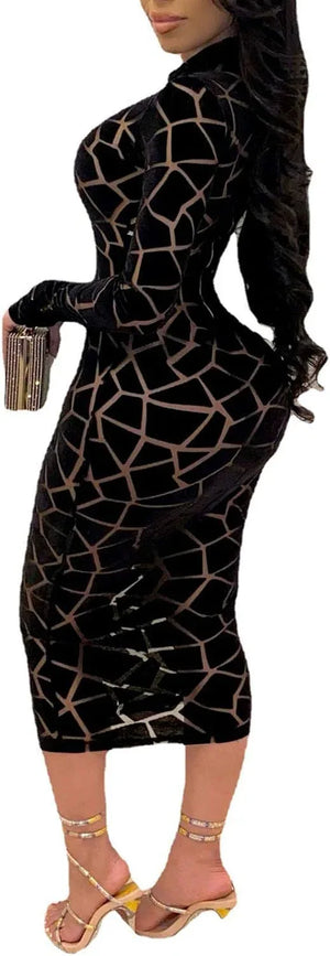 Dazzle in Our Women’s Sexy Sheer Mesh Bodycon Midi Dress - Perfect for Parties and Night Outs! - Dazzling Beauty Solution