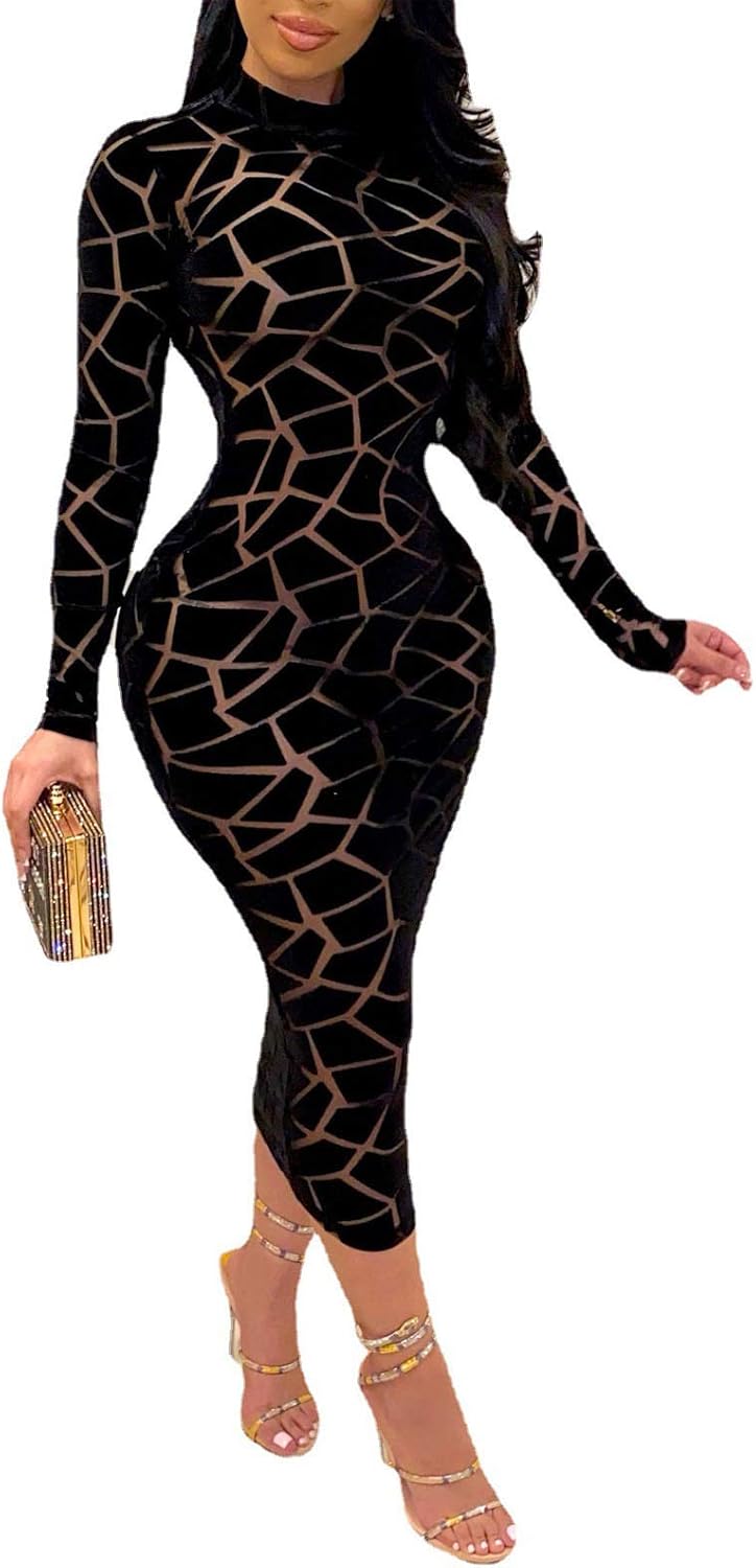 Dazzle in Our Women’s Sexy Sheer Mesh Bodycon Midi Dress - Perfect for Parties and Night Outs!