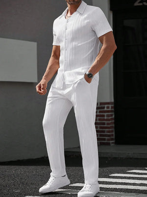 Manfinity Casualcool Men'S Solid Color Short Sleeve Single-Breasted Shirt and Pants Casual Suit White Men'S Outfit Men'S White Outfits Men'S 2 Pieces Outfits White - Dazzling Beauty Solution
