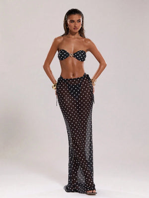 BAE Women'S New Arrival Black & White Polka Dot Low Waist Drawstring Resort Swimwear, Elegant & Sexy Cover Up, the Seduction of Dark Romance