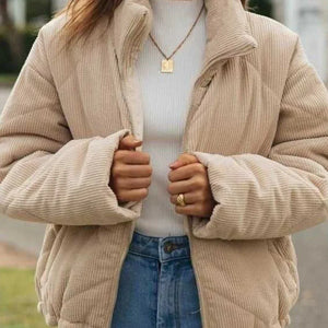 Women's Wadded Stand Collar Long Sleeve Corduroy Zipper Jacket - Dazzling Beauty Solution