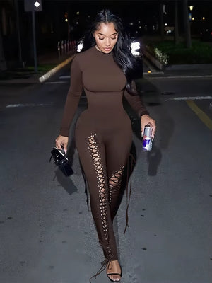 Sexy Fall Jumpsuits Women Diy Shirring O-Neck Full Sleeve Midnight Party Club Stretch Activity Fitness Slim Overalls