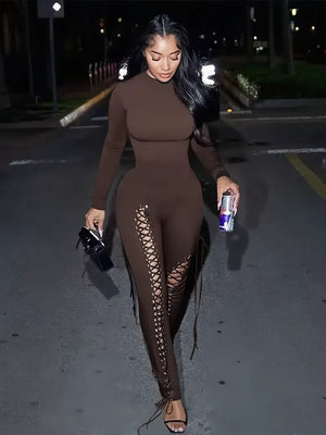 Sexy Fall Jumpsuits Women Diy Shirring O-Neck Full Sleeve Midnight Party Club Stretch Activity Fitness Slim Overalls - Dazzling Beauty Solution
