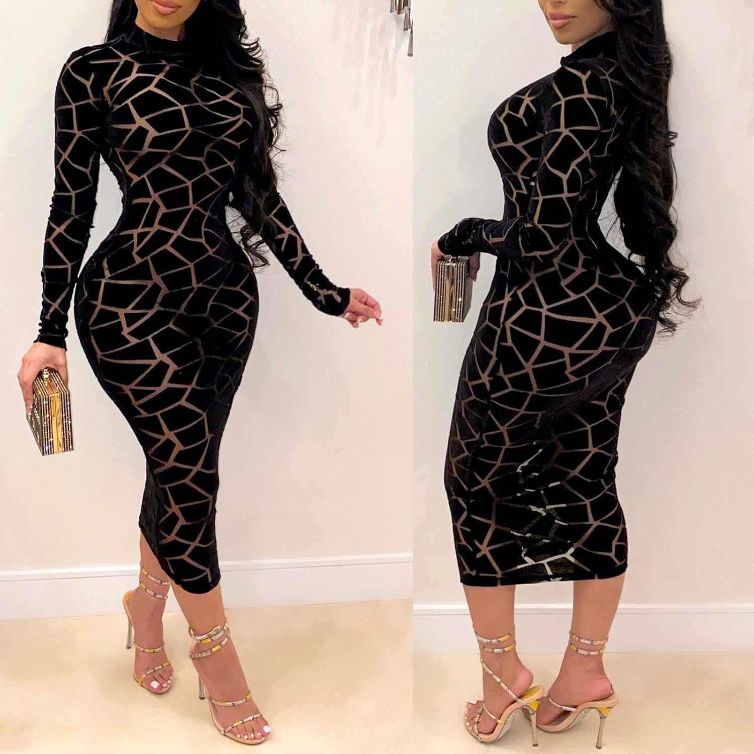 Dazzle in Our Women’s Sexy Sheer Mesh Bodycon Midi Dress - Perfect for Parties and Night Outs!