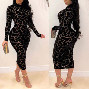 Dazzle in Our Women’s Sexy Sheer Mesh Bodycon Midi Dress - Perfect for Parties and Night Outs!