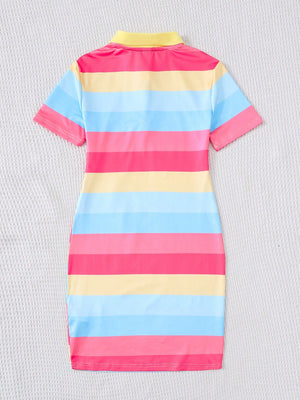 Tween Girls Casual Fitted Striped Color-Block Polo Collar Short Sleeve Knit Dress