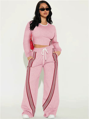 Stylish Contrast Stripe 2-Piece Women's Set: O-Neck Full Sleeve Crop Top & Drawstring Long Pants for Casual Sports Vibes!