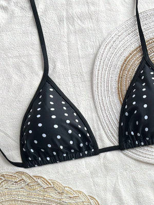 Swim Chiccia Springbreak 2Pcs Women Summer Beachwear Outfits, Polka Dot Spaghetti Strap Top and Ruffled Trim Contrast Colored Bikini Bottoms