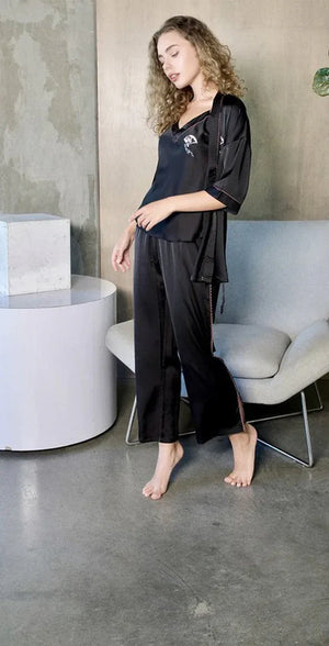 Black Silky 3 Piece Kimono Pajama Sets - Dazzling Beauty Solution