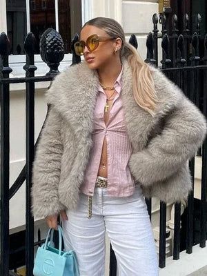 Winter Plush Coat Fashion Warm Thicken Fluffy Lapel Jacket Outwear Casual Long Sleeve Tops Womens Clothing - Dazzling Beauty Solution