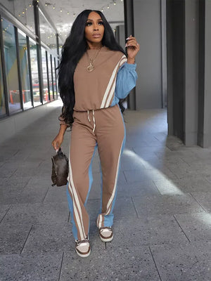Elevate Your Fall Wardrobe with Our Stylish Women's Color Block Stripe Sweatsuit Set - Dazzling Beauty Solution