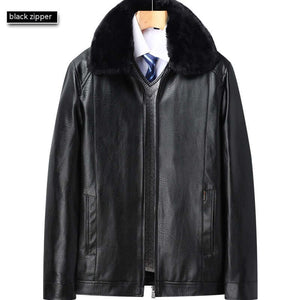 Men’s Winter Velvet PU Leather Jacket Padded Warm Coat featuring a stylish black zipper and faux fur collar.