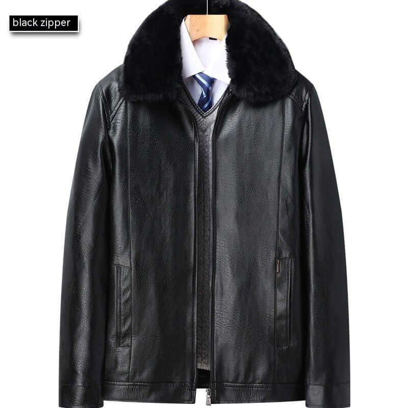 Men’s Winter Velvet PU Leather Jacket Padded Warm Coat featuring a stylish black zipper and faux fur collar.