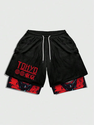 ROMWE MEN Anime Men'S Simple Figure Graphic Drawstring Waist Basketball Shorts, School - Dazzling Beauty Solution