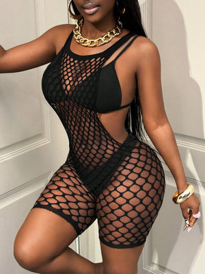 Bamgleam Women'S Black Crochet Hollow Out Backless Jumpsuit, Sexy Sleeveless Beach Vacation Cover Up