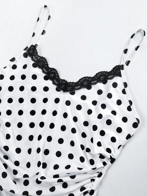 SOLERSUN Spring and Summer Elegant Commuting Retro Sexy Business Old-Money Style Casual Sleeveless V-Neck Valentine'S Day Wedding Season Party Holiday Music Festival Black Sexy Lace Suspender Waist Gathered Slimming Extreme Waist-To-Hip Ratio Short-Sleeved Hip-Covering White Polka Dot Mid-Length Dress for Women