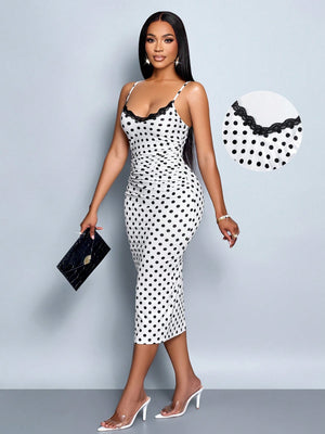 SOLERSUN Spring and Summer Elegant Commuting Retro Sexy Business Old-Money Style Casual Sleeveless V-Neck Valentine'S Day Wedding Season Party Holiday Music Festival Black Sexy Lace Suspender Waist Gathered Slimming Extreme Waist-To-Hip Ratio Short-Sleeved Hip-Covering White Polka Dot Mid-Length Dress for Women