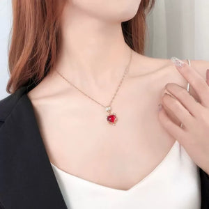 Red Gemstone Fox Pendant Necklace – Korean-Inspired Titanium Steel Clavicle Chain - Dazzling Beauty Solution