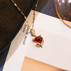 Red Gemstone Fox Pendant Necklace – Korean-Inspired Titanium Steel Clavicle Chain - Dazzling Beauty Solution