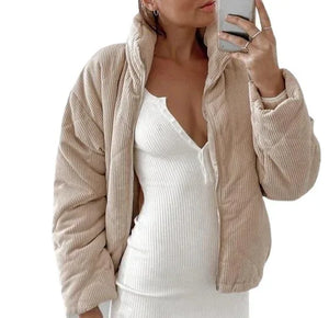 Women's Wadded Stand Collar Long Sleeve Corduroy Zipper Jacket - Dazzling Beauty Solution