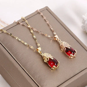 Red Gemstone Fox Pendant Necklace – Korean-Inspired Titanium Steel Clavicle Chain - Dazzling Beauty Solution