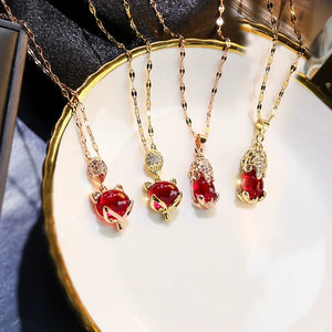 Red Gemstone Fox Pendant Necklace – Korean-Inspired Titanium Steel Clavicle Chain - Dazzling Beauty Solution