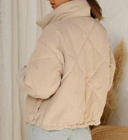 Women's Wadded Stand Collar Long Sleeve Corduroy Zipper Jacket - Dazzling Beauty Solution