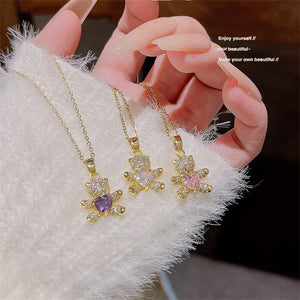 Sparkling Zircon Bear Pendant Necklace – Titanium Steel Lock Bone Chain for Women - Dazzling Beauty Solution