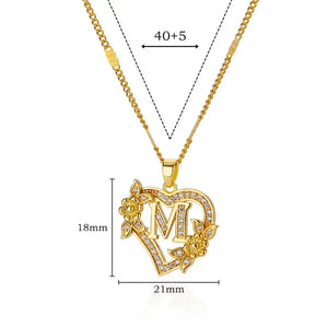 Personalized Gold Initials Heart Necklace – Stainless Steel with Zircon Flower Charm - Dazzling Beauty Solution