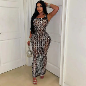 Sparkly Rhinestones Diamonds Evening Dress – Long Sleeveless Mesh Luxury Gown for Prom, Birthdays, and Parties - Dazzling Beauty Solution